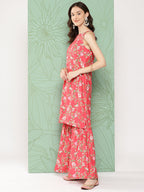Janasya Women's Pink Moss Digital Floral Printed Straight Festive Kurta Set | Grocsy