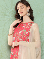 Janasya Women's Pink Moss Digital Floral Printed Straight Festive Kurta Set | Grocsy