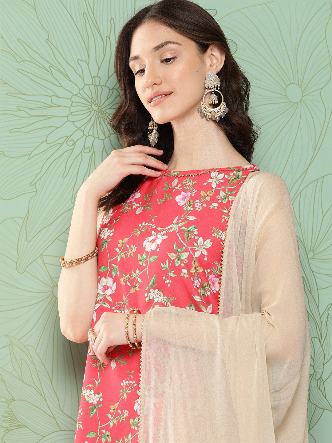 Janasya Women's Pink Moss Digital Floral Printed Straight Festive Kurta Set | Grocsy