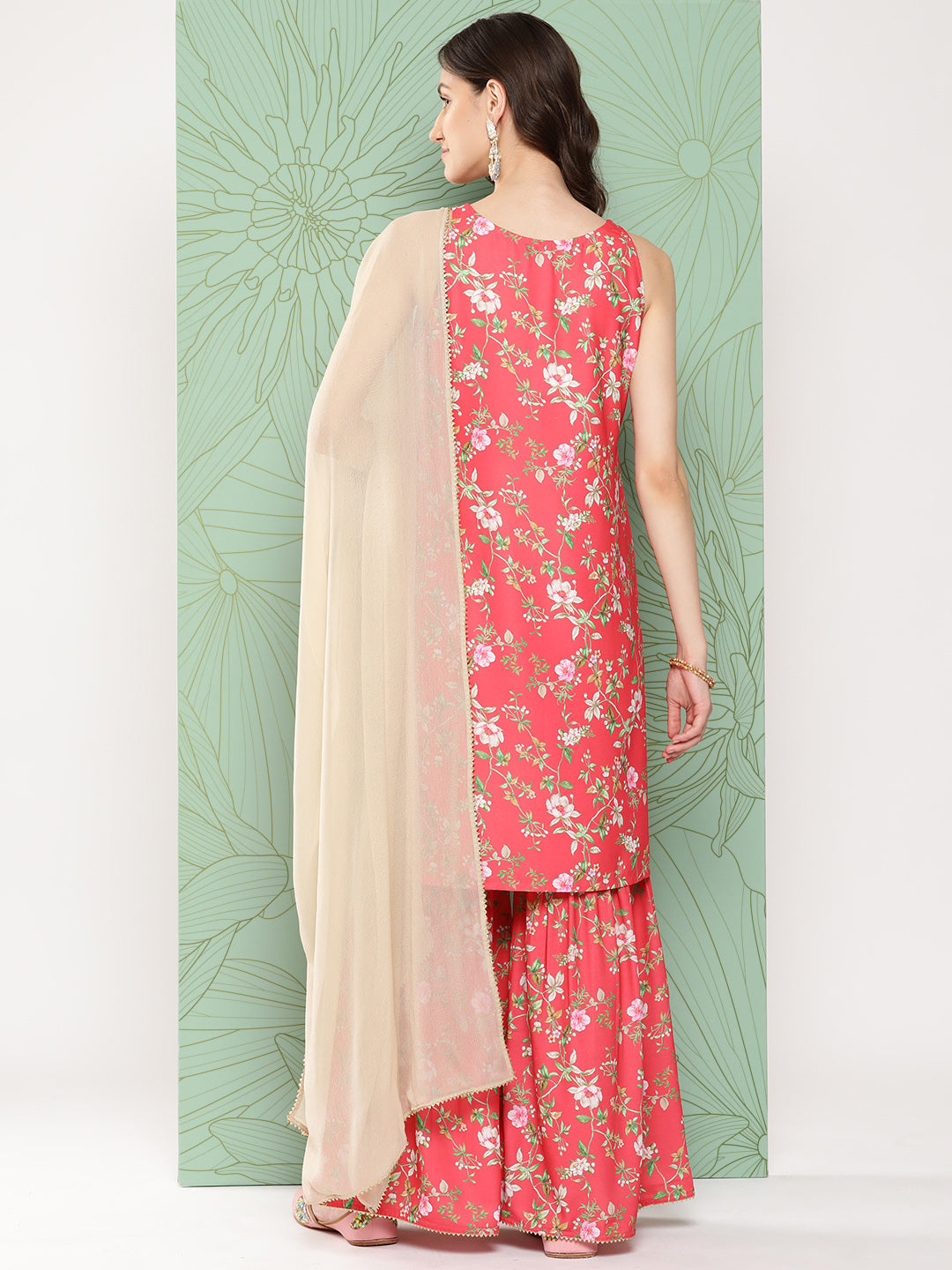 Janasya Women's Pink Moss Digital Floral Printed Straight Festive Kurta Set | Grocsy