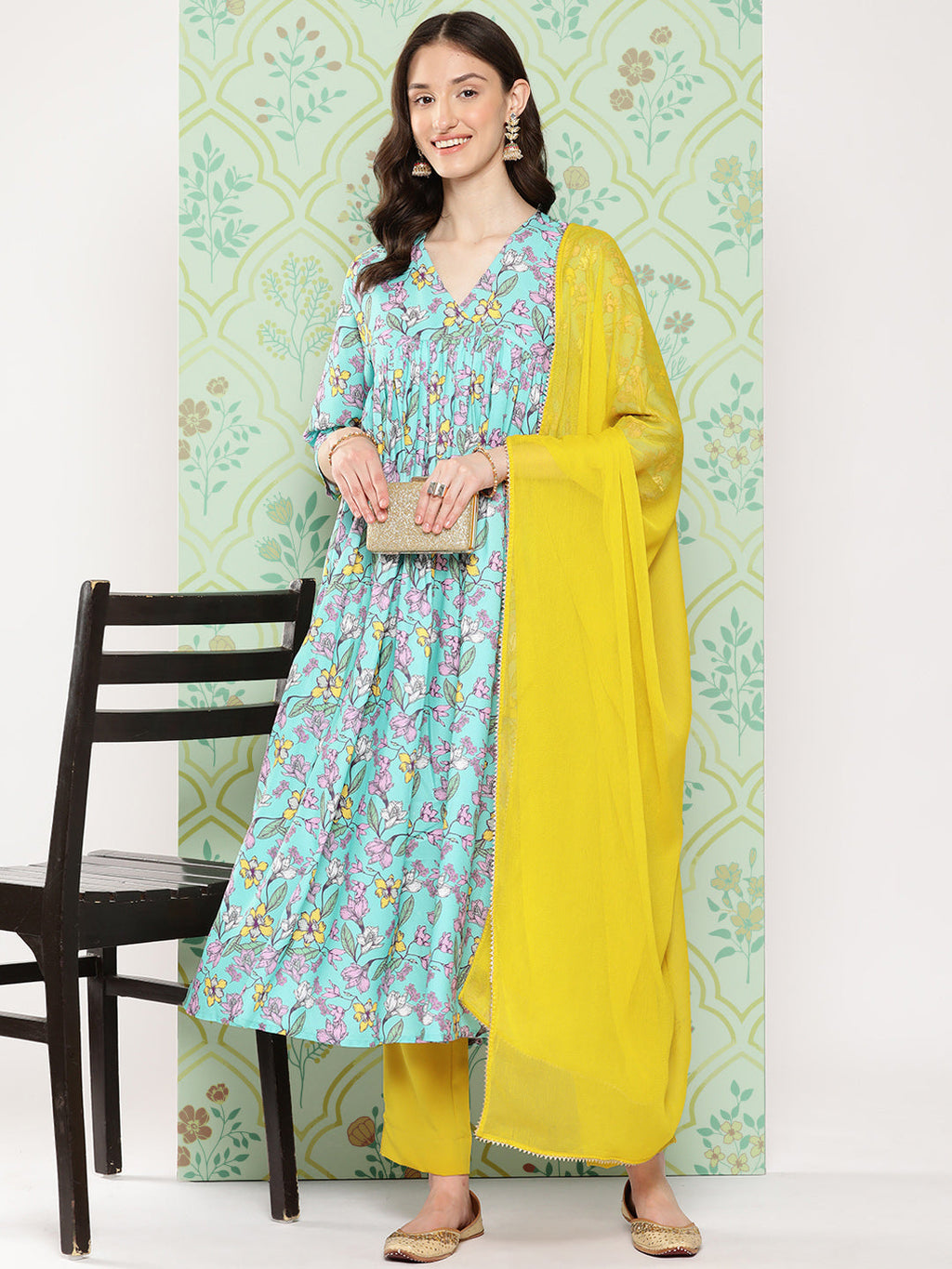 Janasya Women's Sky Blue Moss Floral Digital Printed Flared Festive Kurta Set | Grocsy