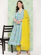 Janasya Women's Sky Blue Moss Floral Digital Printed Flared Festive Kurta Set | Grocsy