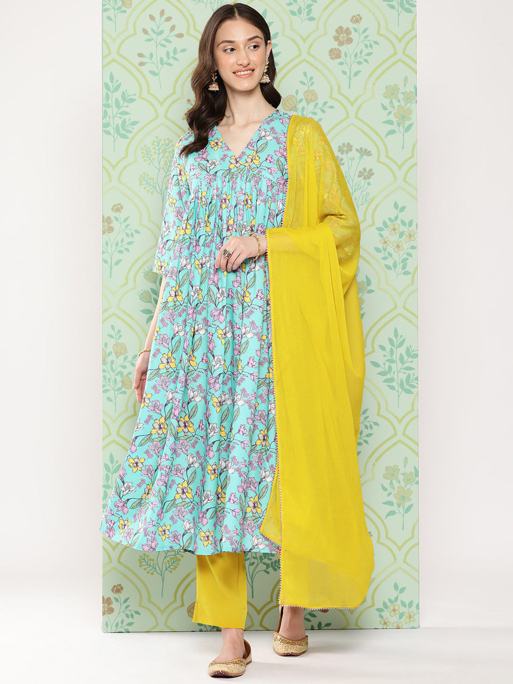 Janasya Women's Sky Blue Moss Floral Digital Printed Flared Festive Kurta Set | Grocsy