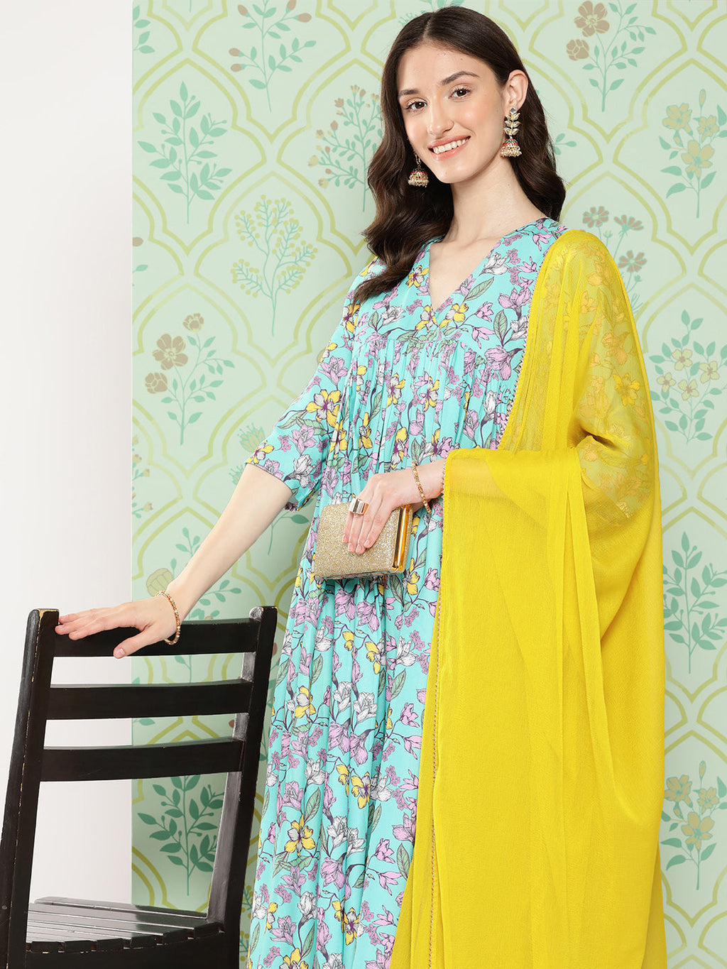 Janasya Women's Sky Blue Moss Floral Digital Printed Flared Festive Kurta Set | Grocsy