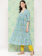 Janasya Women's Sky Blue Moss Floral Digital Printed Flared Festive Kurta Set | Grocsy
