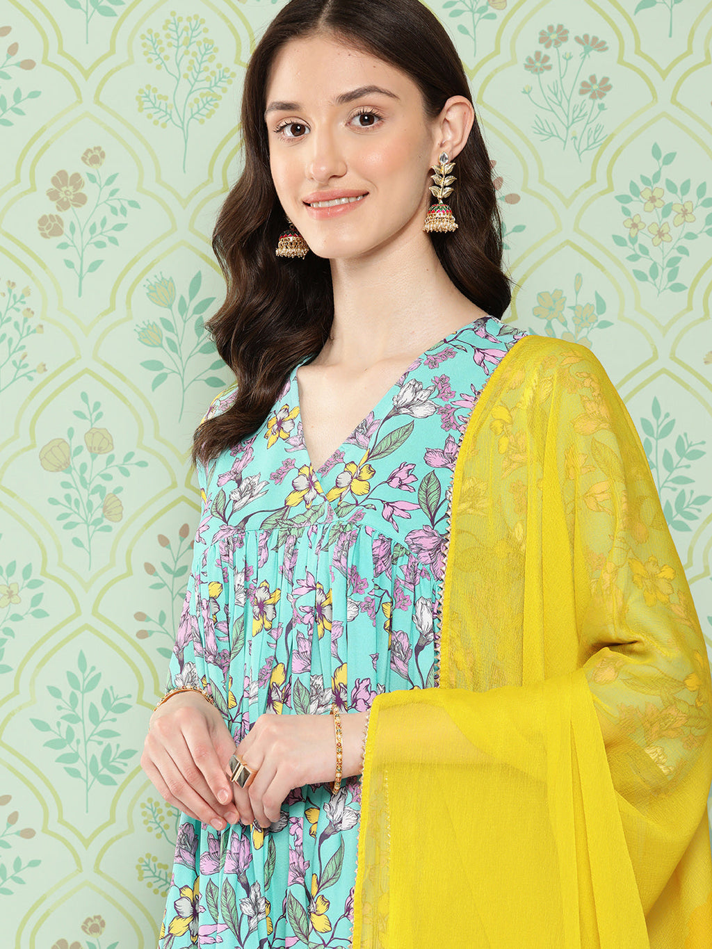 Janasya Women's Sky Blue Moss Floral Digital Printed Flared Festive Kurta Set | Grocsy