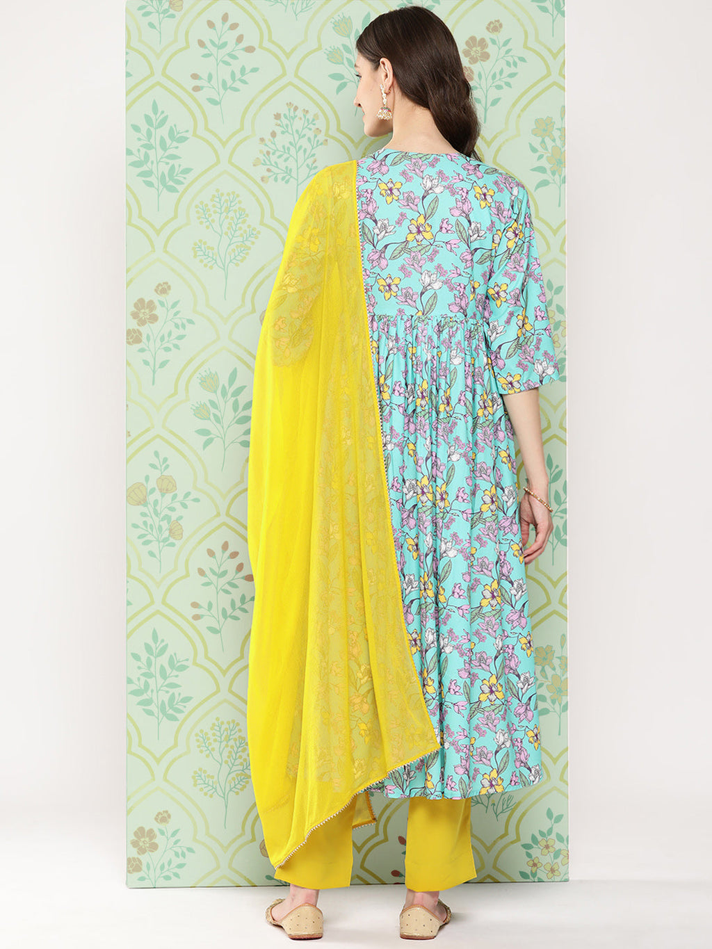 Janasya Women's Sky Blue Moss Floral Digital Printed Flared Festive Kurta Set | Grocsy