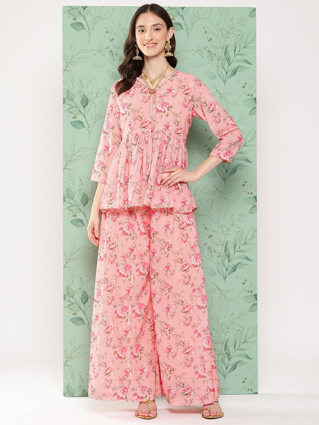 Janasya Women's Peach Georgette Digital Floral Printed Peplum Festive Top Set | Grocsy