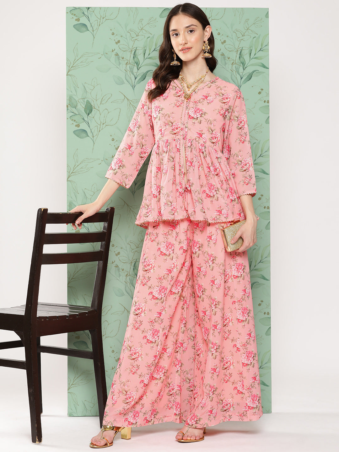 Janasya Women's Peach Georgette Digital Floral Printed Peplum Festive Top Set | Grocsy