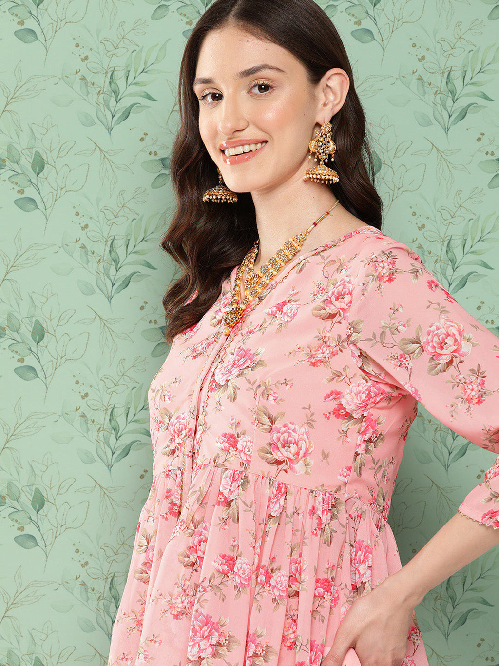 Janasya Women's Peach Georgette Digital Floral Printed Peplum Festive Top Set | Grocsy