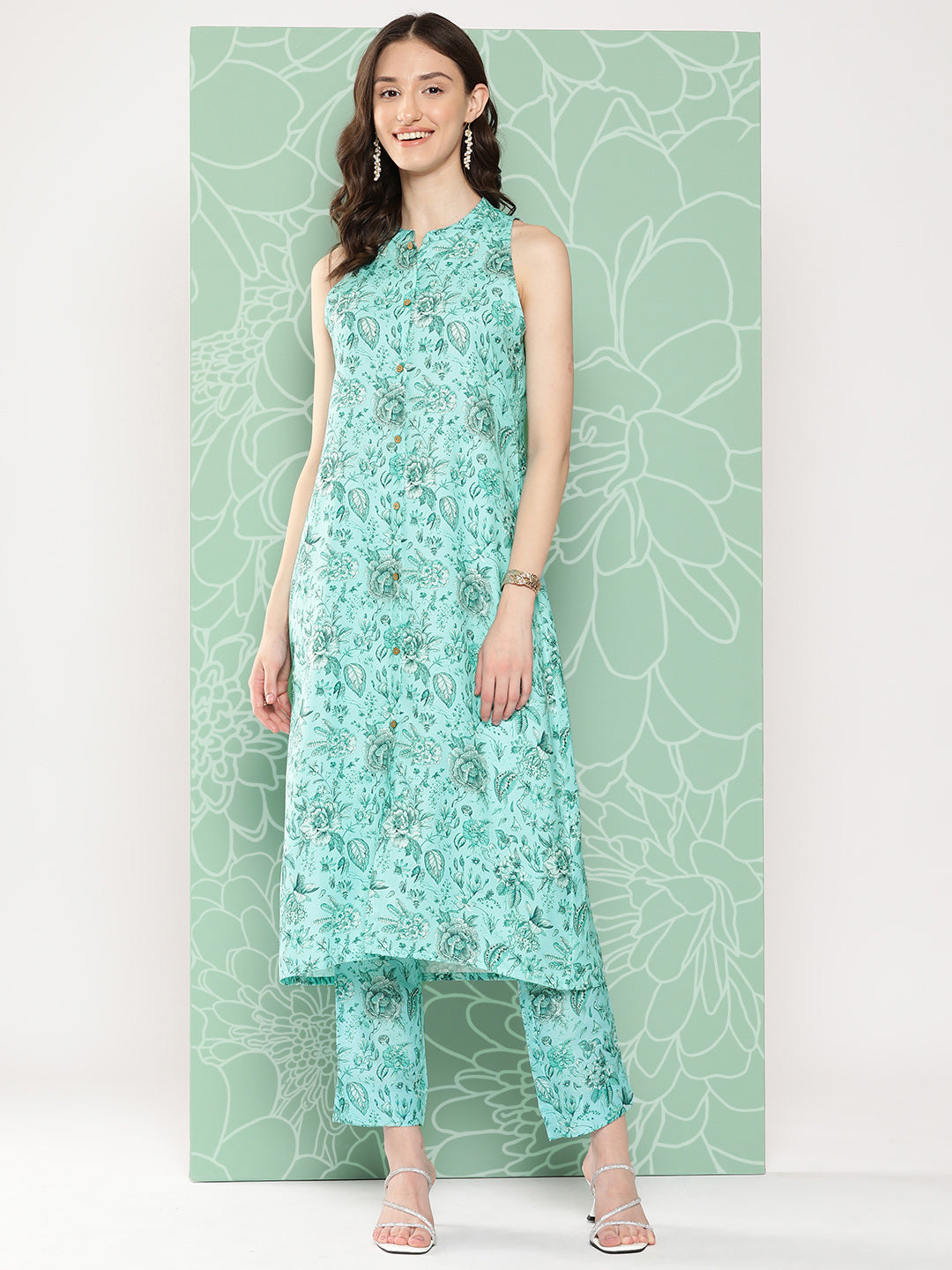 Janasya Women's Aqua Blue Moss Digital Floral Printed Straight Festive Kurta Set | Grocsy