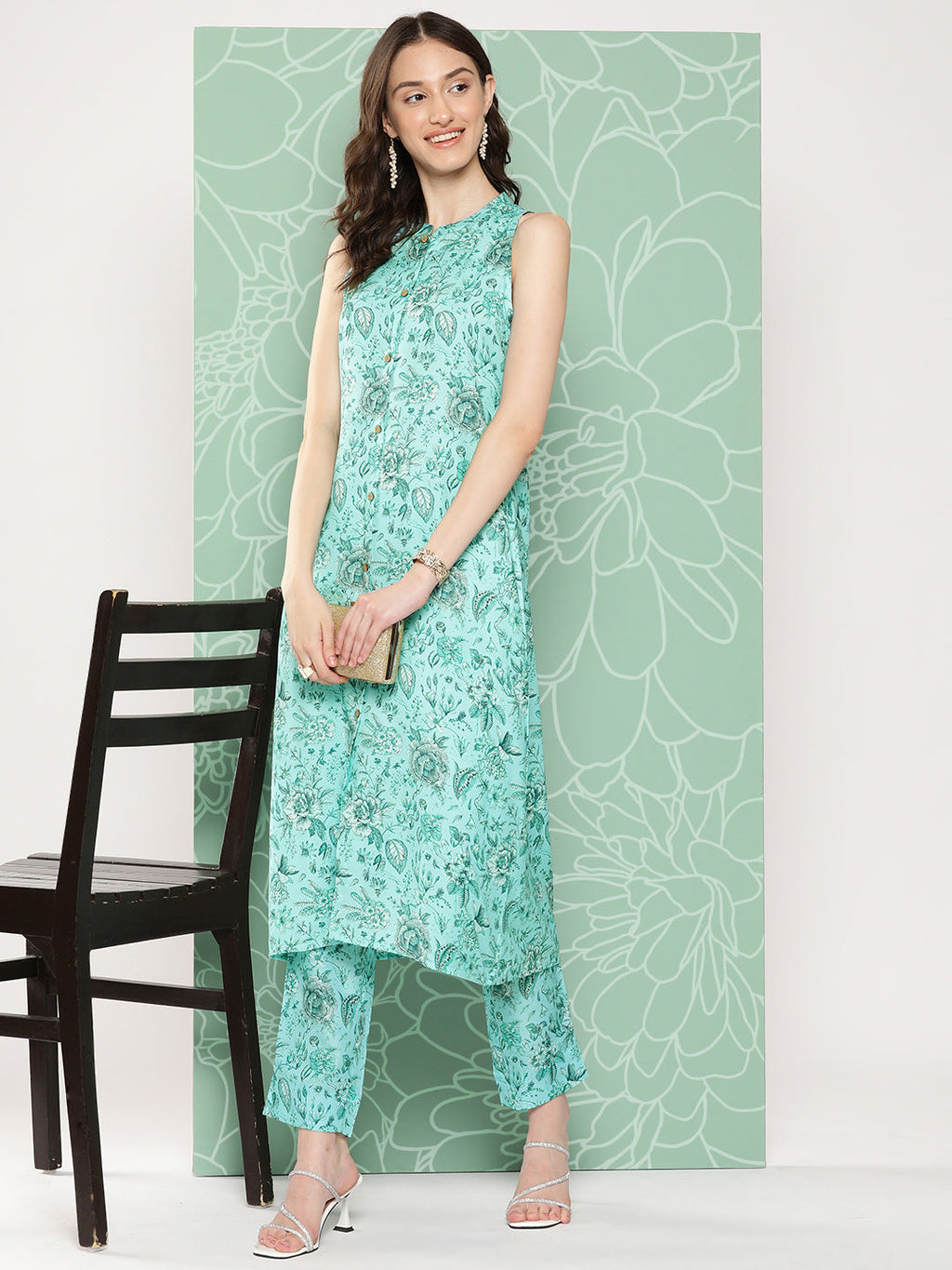 Janasya Women's Aqua Blue Moss Digital Floral Printed Straight Festive Kurta Set | Grocsy