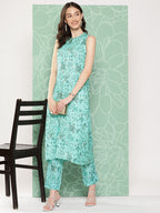 Janasya Women's Aqua Blue Moss Digital Floral Printed Straight Festive Kurta Set | Grocsy