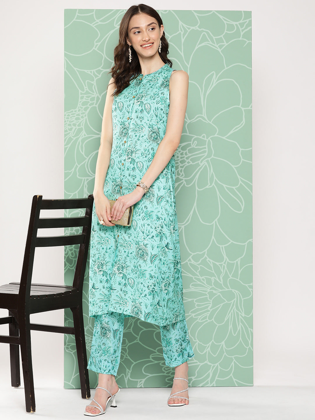 Janasya Women's Aqua Blue Moss Digital Floral Printed Straight Festive Kurta Set | Grocsy
