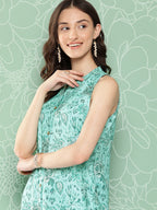 Janasya Women's Aqua Blue Moss Digital Floral Printed Straight Festive Kurta Set | Grocsy