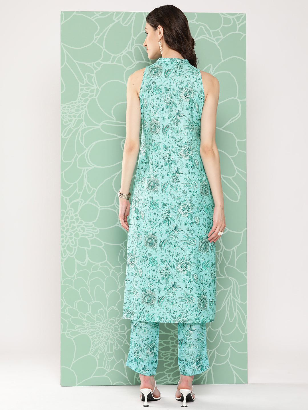 Janasya Women's Aqua Blue Moss Digital Floral Printed Straight Festive Kurta Set | Grocsy