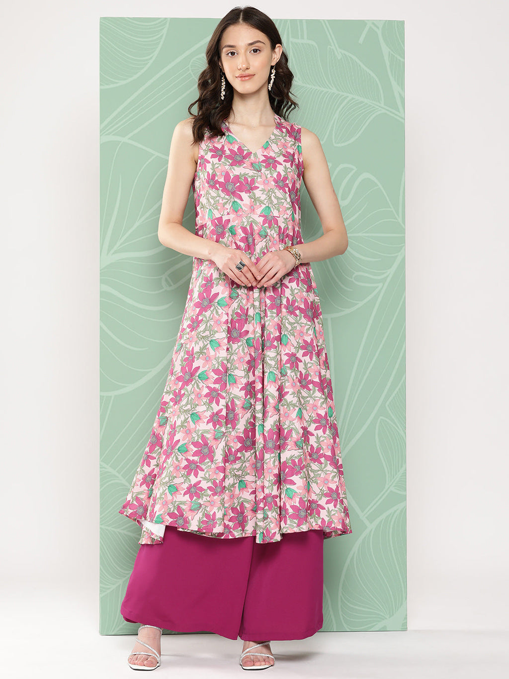 Janasya Women's Multicolor Moss Digital Floral Printed Flared Festive Kurta Set | Grocsy