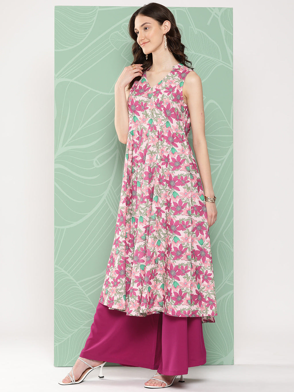 Janasya Women's Multicolor Moss Digital Floral Printed Flared Festive Kurta Set | Grocsy