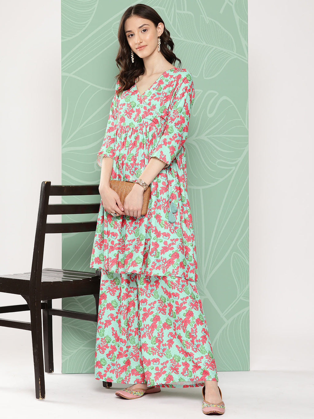 Janasya Women's Mint Moss Floral Digital Printed Angrakha Festive Kurta Set | Grocsy
