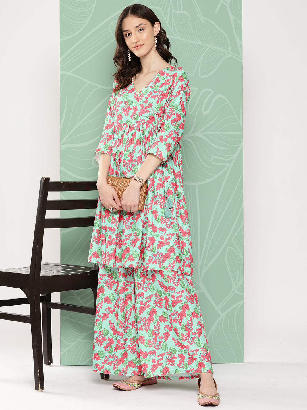 Janasya Women's Mint Moss Floral Digital Printed Angrakha Festive Kurta Set | Grocsy