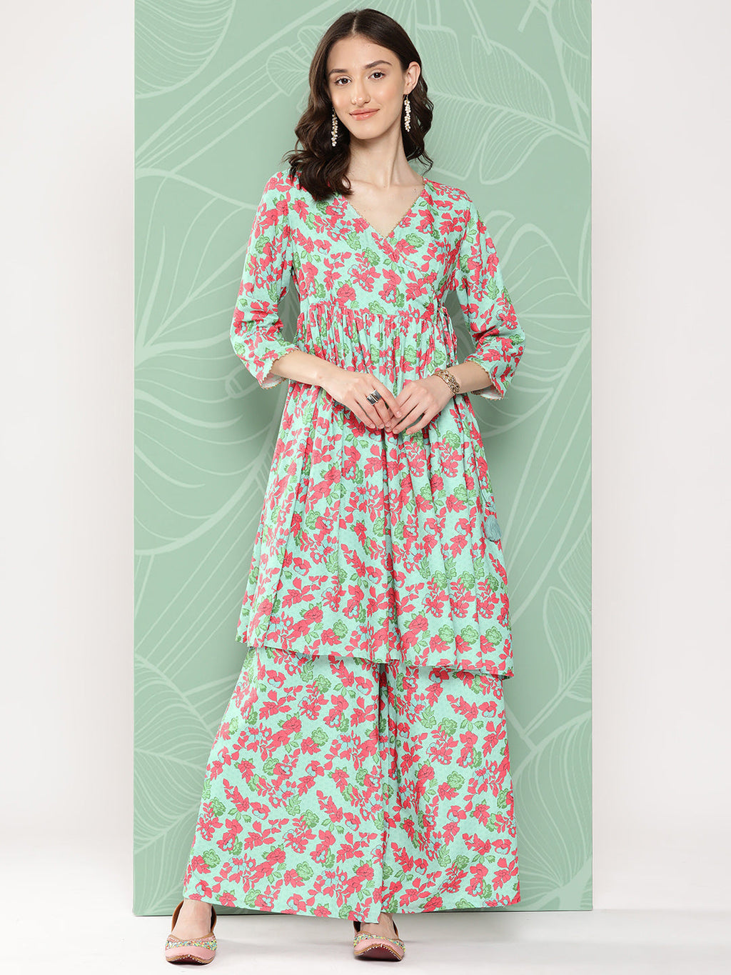Janasya Women's Mint Moss Floral Digital Printed Angrakha Festive Kurta Set | Grocsy