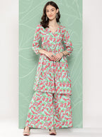 Janasya Women's Mint Moss Floral Digital Printed Angrakha Festive Kurta Set | Grocsy