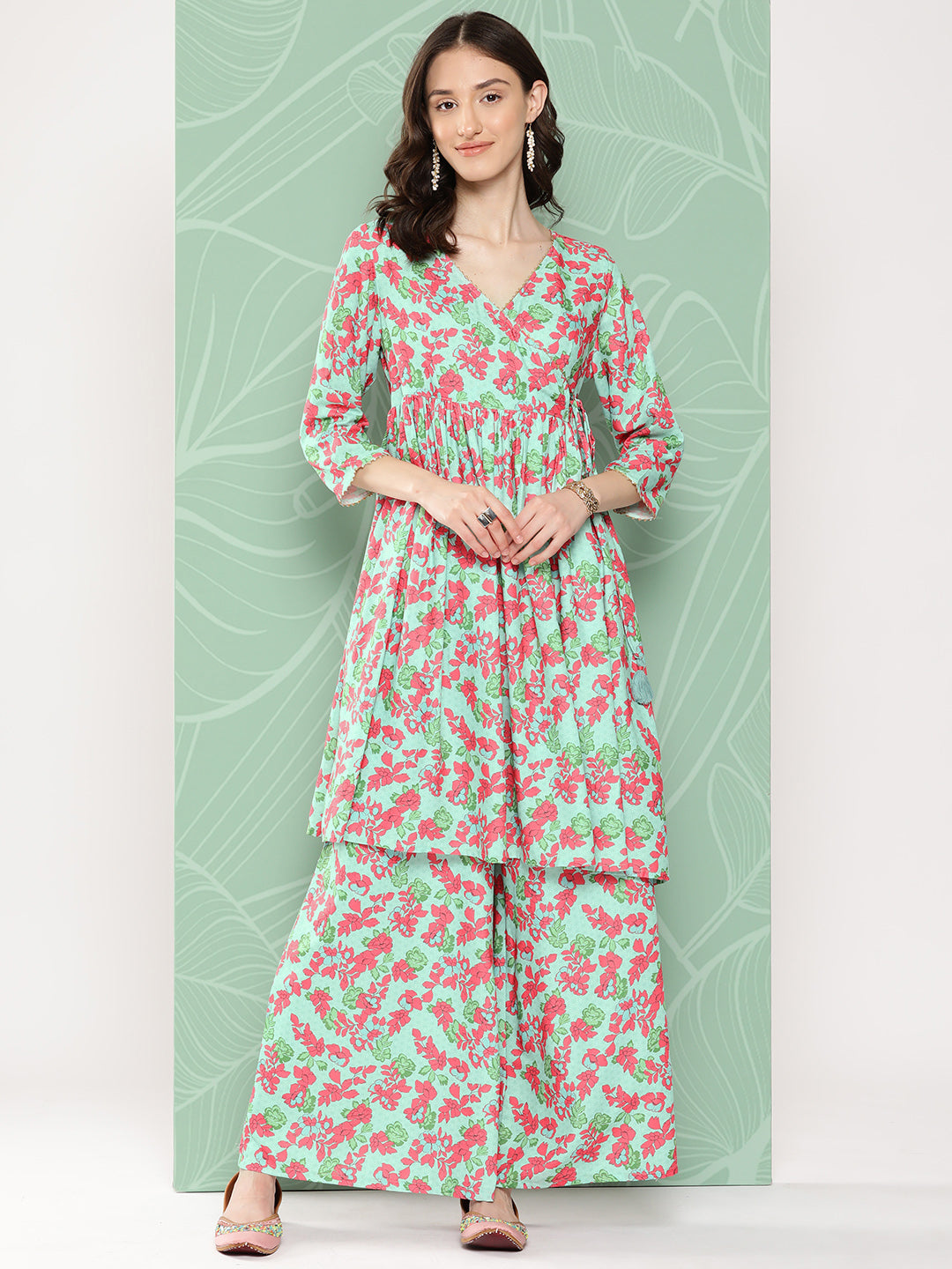 Janasya Women's Mint Moss Floral Digital Printed Angrakha Festive Kurta Set | Grocsy