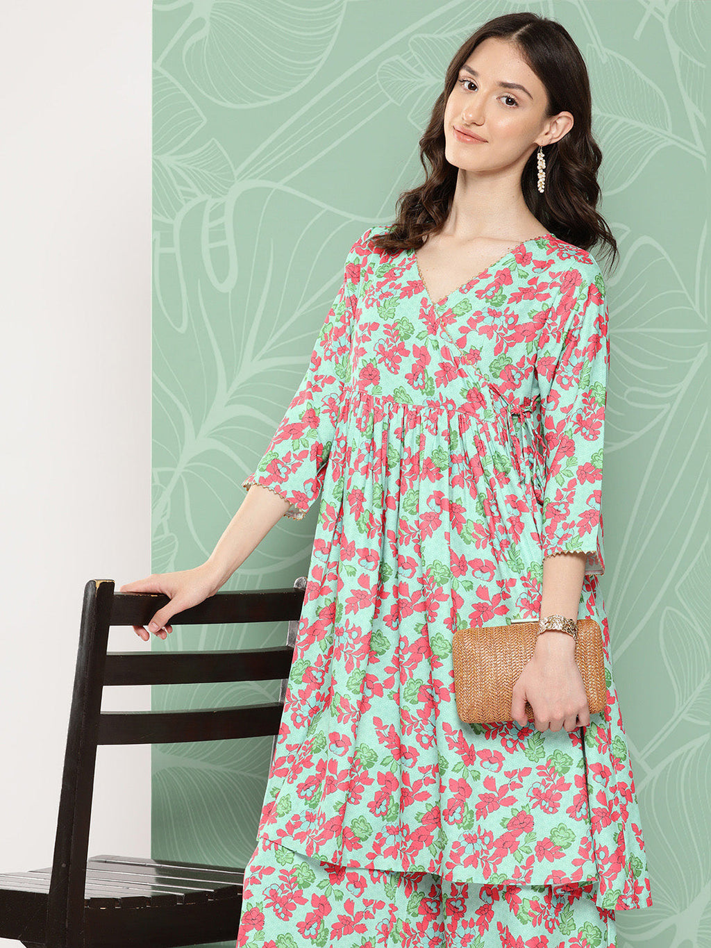 Janasya Women's Mint Moss Floral Digital Printed Angrakha Festive Kurta Set | Grocsy