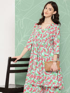 Janasya Women's Mint Moss Floral Digital Printed Angrakha Festive Kurta Set | Grocsy