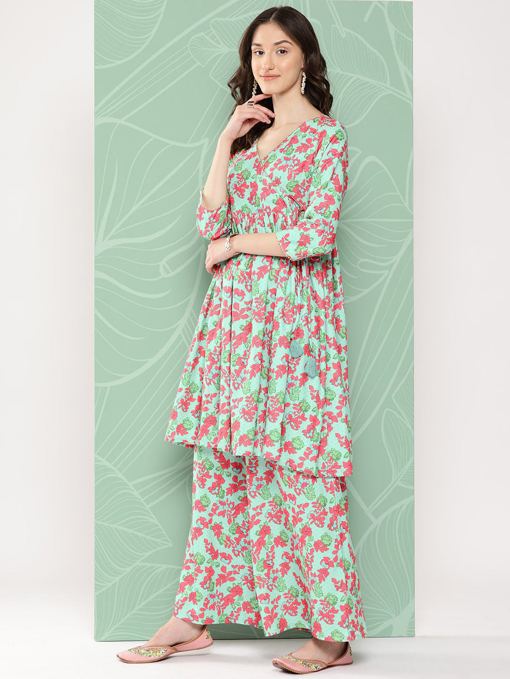 Janasya Women's Mint Moss Floral Digital Printed Angrakha Festive Kurta Set | Grocsy