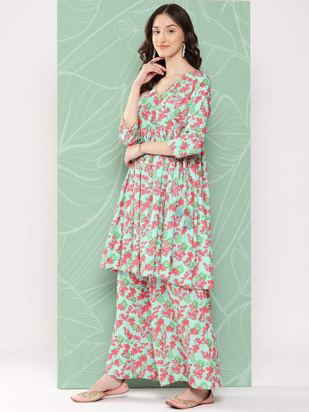 Janasya Women's Mint Moss Floral Digital Printed Angrakha Festive Kurta Set | Grocsy