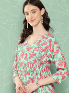Janasya Women's Mint Moss Floral Digital Printed Angrakha Festive Kurta Set | Grocsy