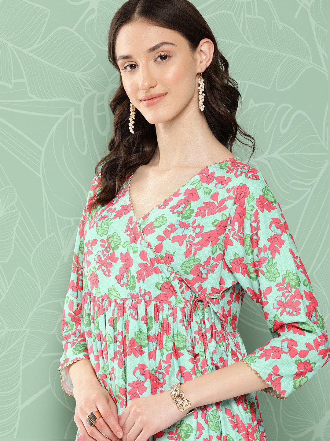 Janasya Women's Mint Moss Floral Digital Printed Angrakha Festive Kurta Set | Grocsy