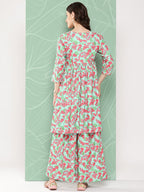 Janasya Women's Mint Moss Floral Digital Printed Angrakha Festive Kurta Set | Grocsy