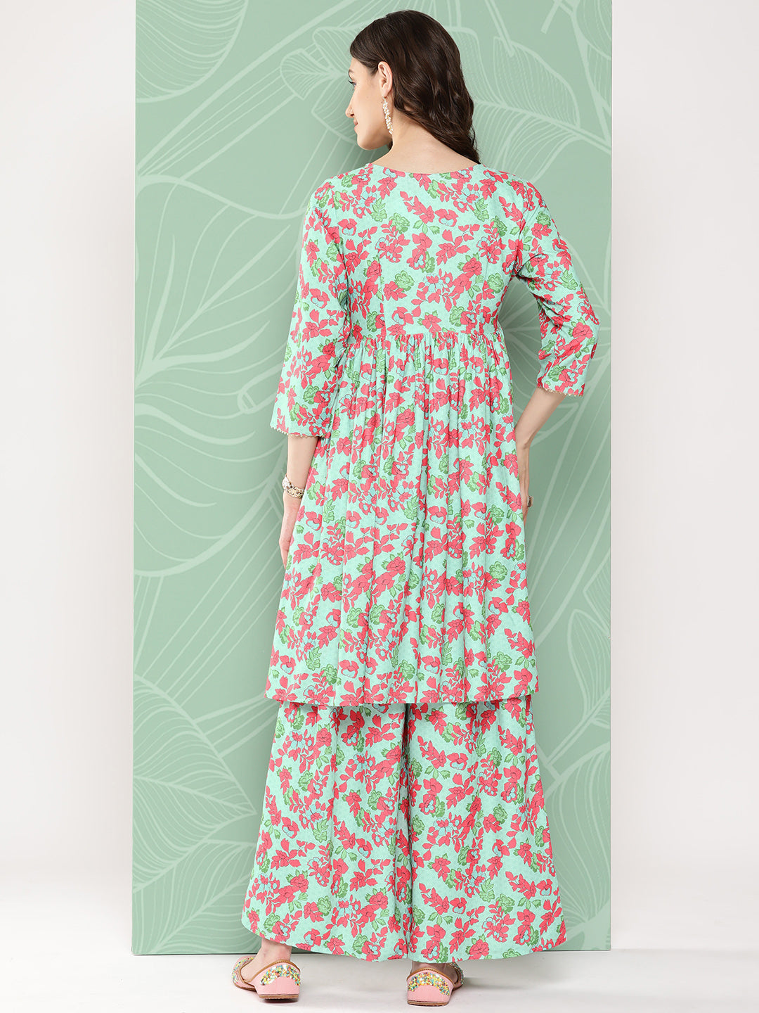 Janasya Women's Mint Moss Floral Digital Printed Angrakha Festive Kurta Set | Grocsy