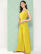 Janasya Women's Yellow Crepe Solid Crop Top Festive Top Set | Grocsy