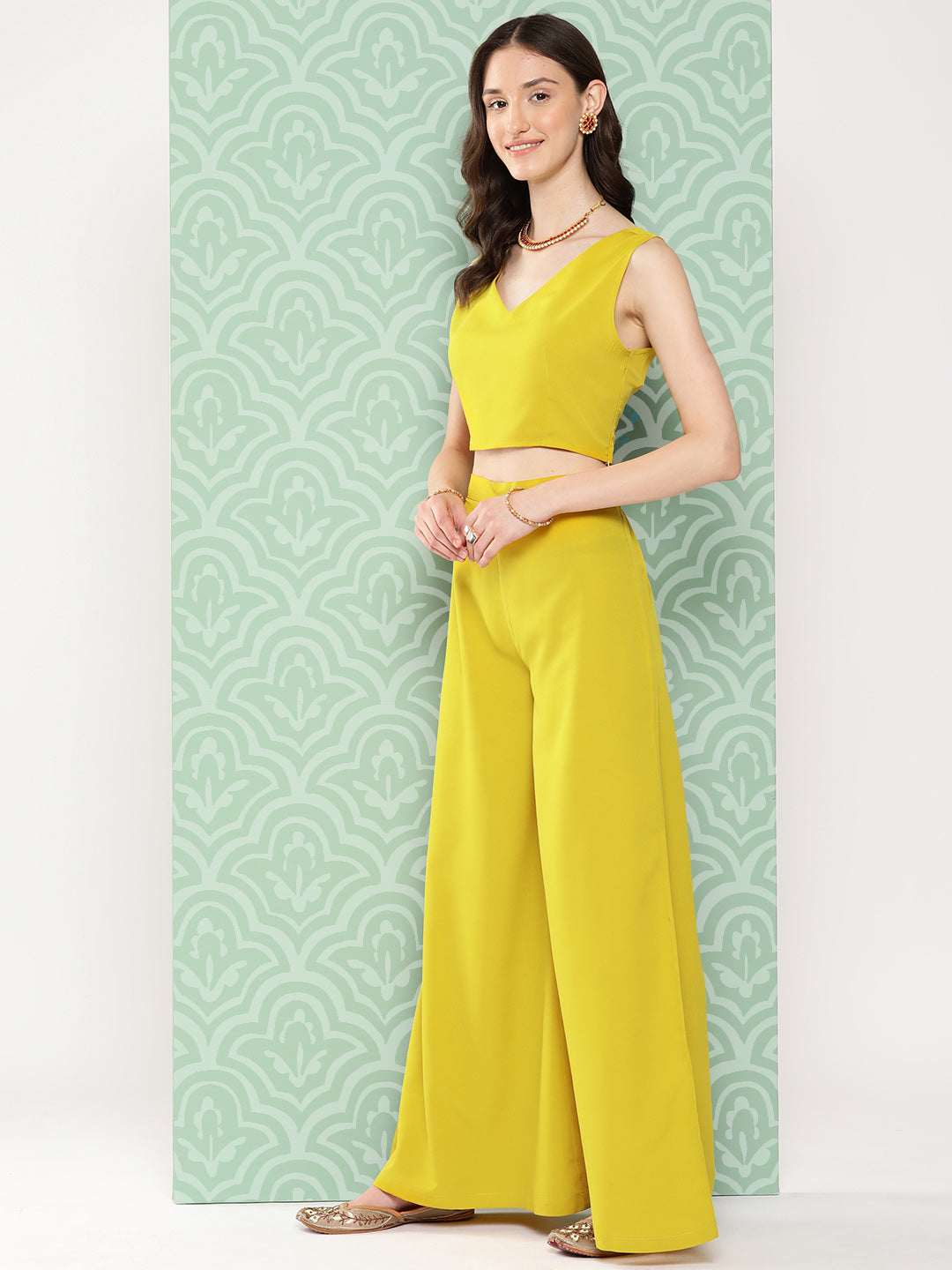 Janasya Women's Yellow Crepe Solid Crop Top Festive Top Set | Grocsy