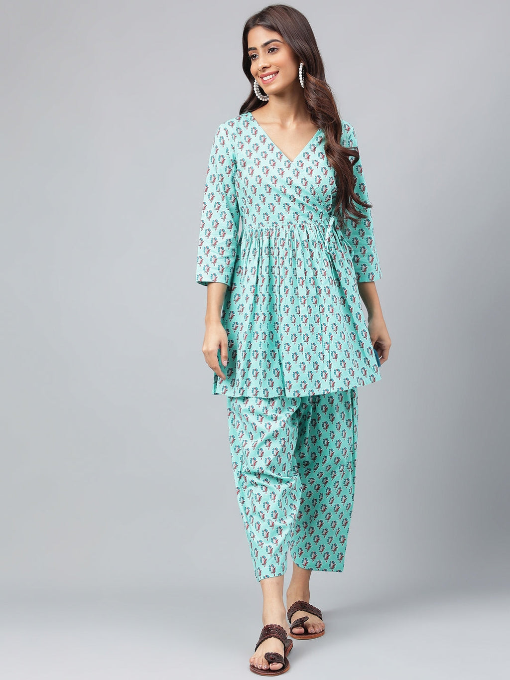 Janasya Women's Aqua Green Cotton Floral Ethinc Motif Printed Flared Casual Short Kurta Set | Grocsy