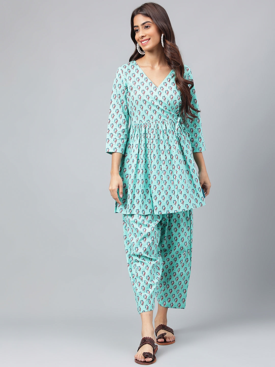 Janasya Women's Aqua Green Cotton Floral Ethinc Motif Printed Flared Casual Short Kurta Set | Grocsy