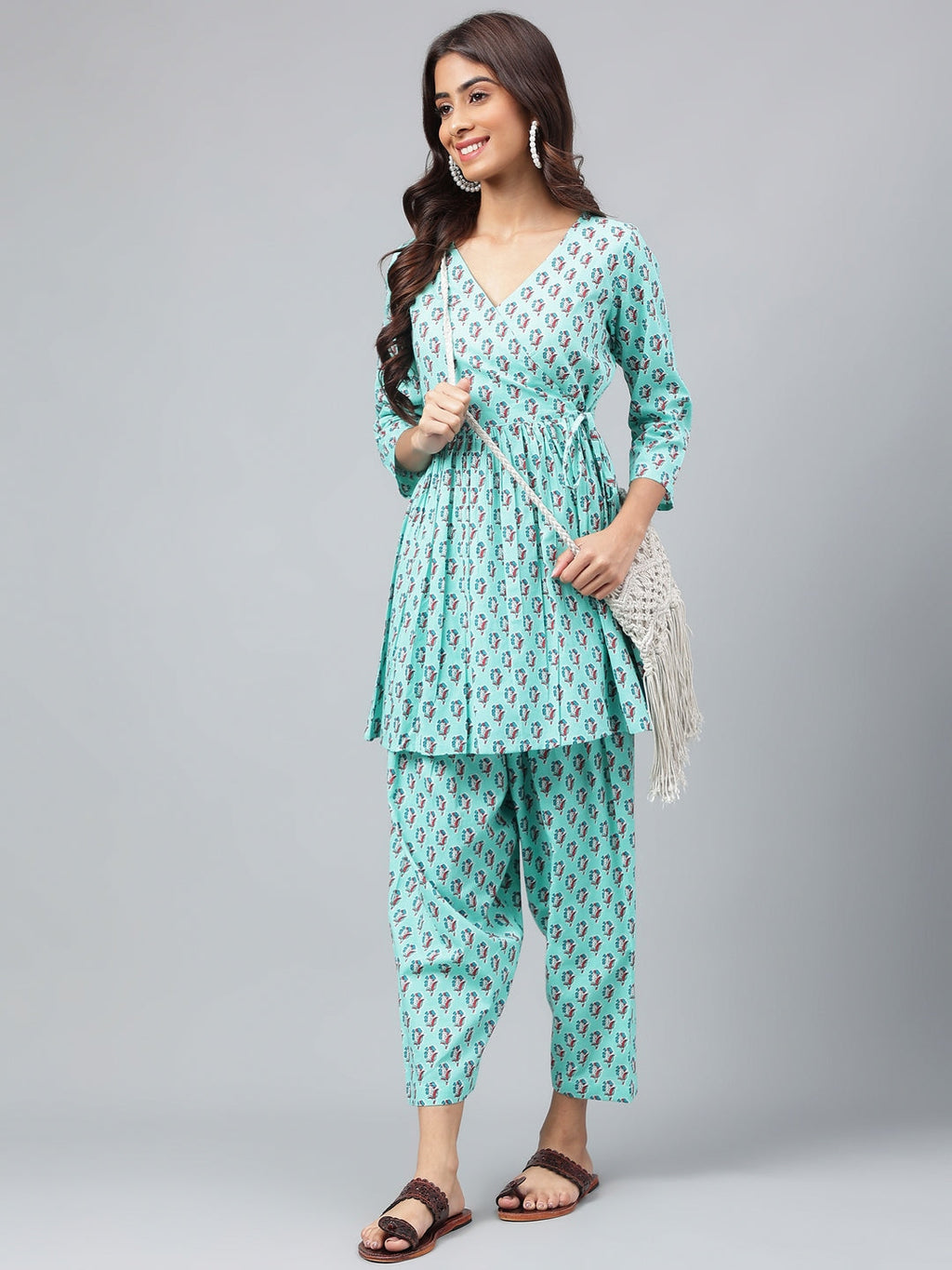 Janasya Women's Aqua Green Cotton Floral Ethinc Motif Printed Flared Casual Short Kurta Set | Grocsy