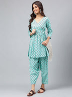 Janasya Women's Aqua Green Cotton Floral Ethinc Motif Printed Flared Casual Short Kurta Set | Grocsy