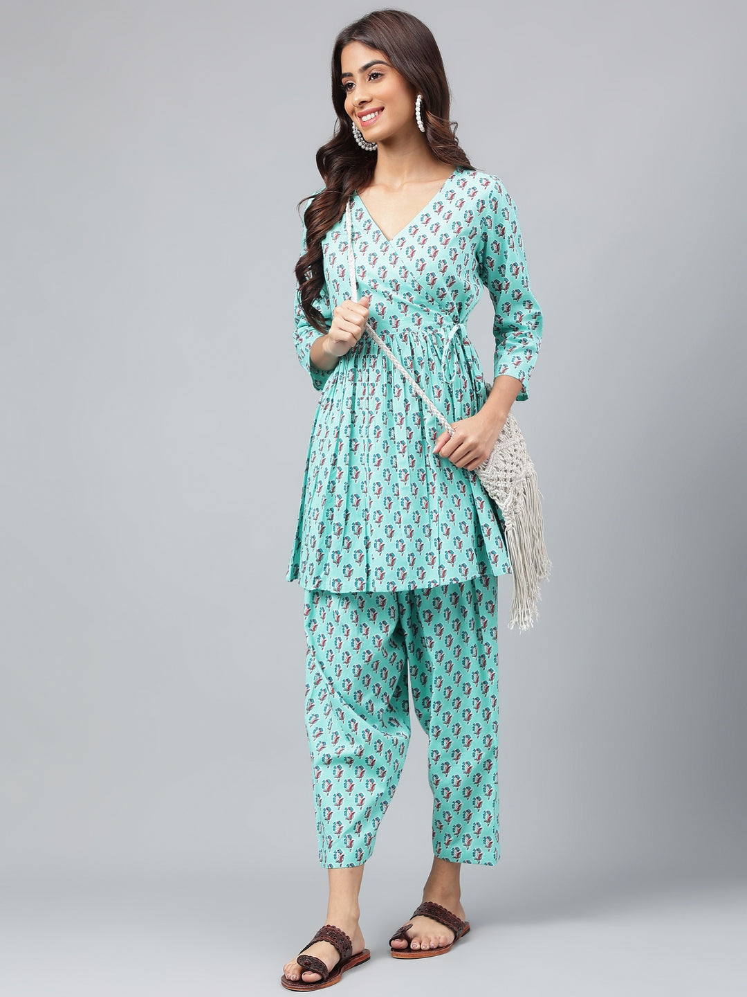 Janasya Women's Aqua Green Cotton Floral Ethinc Motif Printed Flared Casual Short Kurta Set | Grocsy