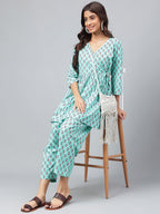 Janasya Women's Aqua Green Cotton Floral Ethinc Motif Printed Flared Casual Short Kurta Set | Grocsy