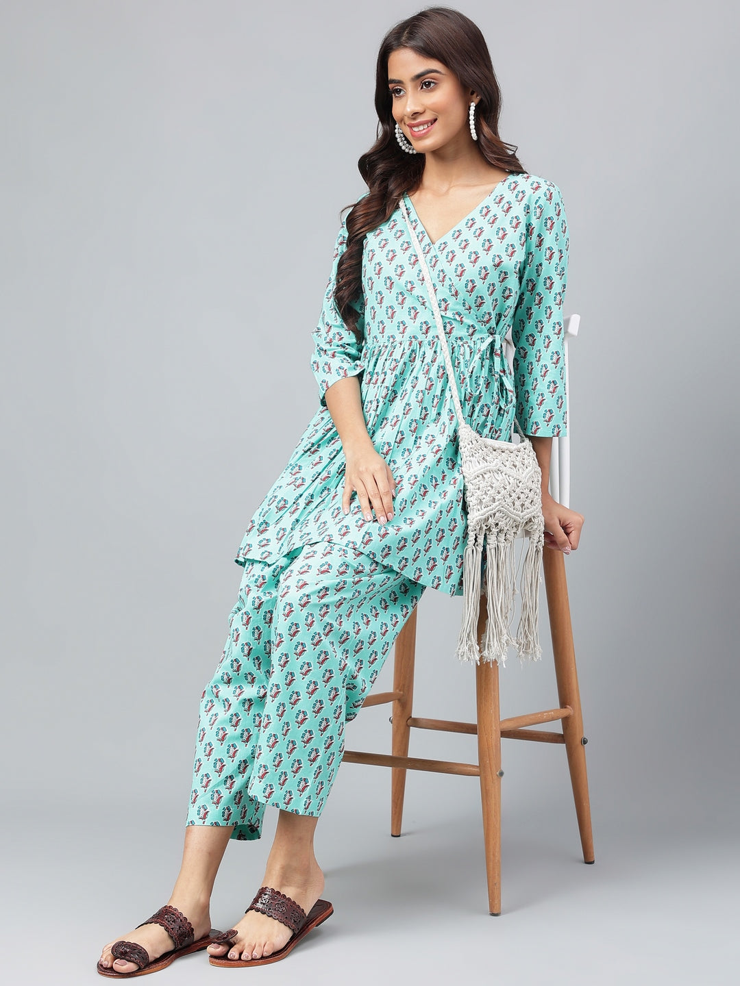 Janasya Women's Aqua Green Cotton Floral Ethinc Motif Printed Flared Casual Short Kurta Set | Grocsy