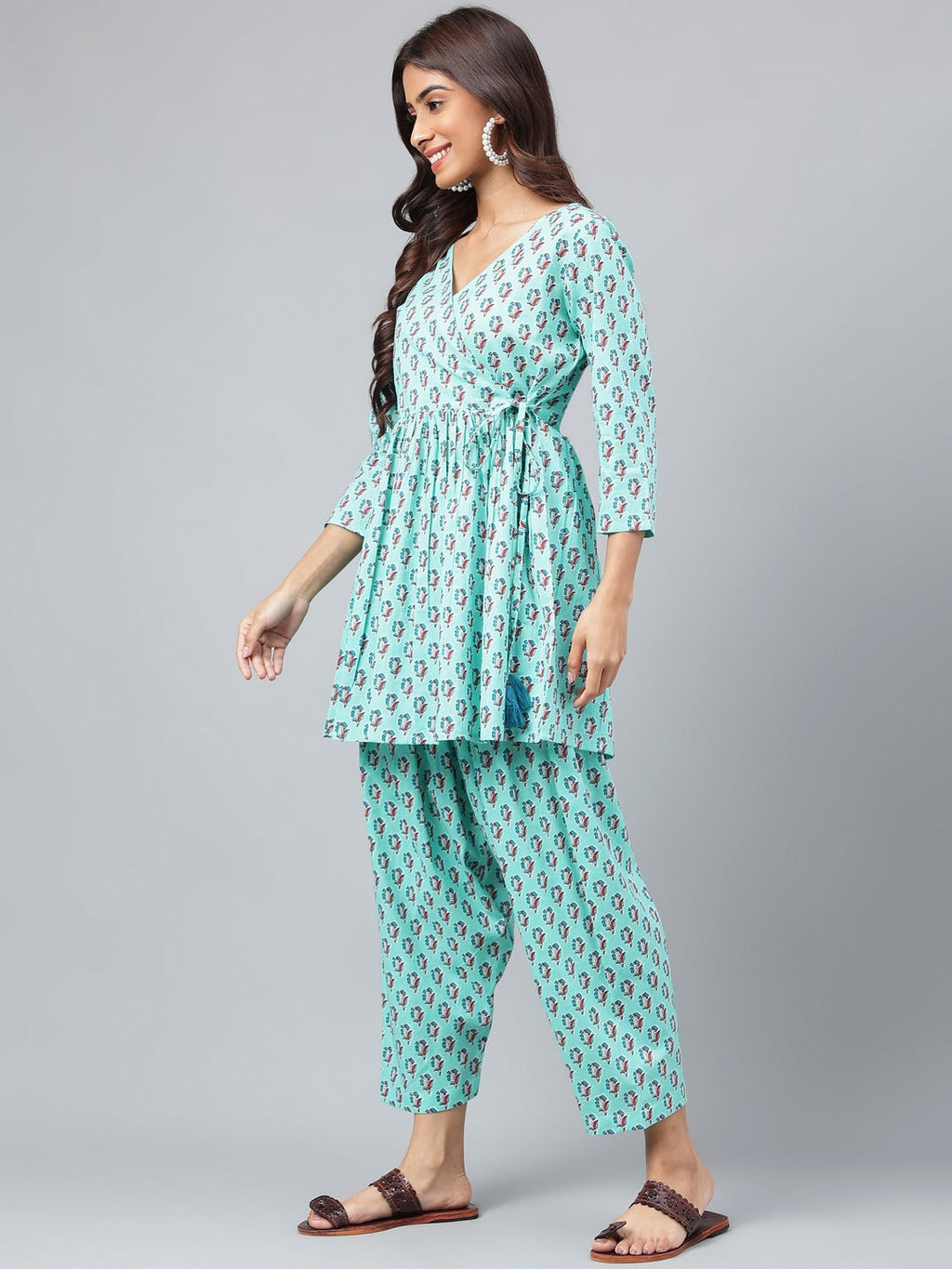 Janasya Women's Aqua Green Cotton Floral Ethinc Motif Printed Flared Casual Short Kurta Set | Grocsy