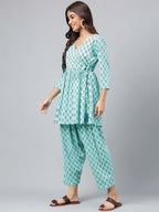 Janasya Women's Aqua Green Cotton Floral Ethinc Motif Printed Flared Casual Short Kurta Set | Grocsy