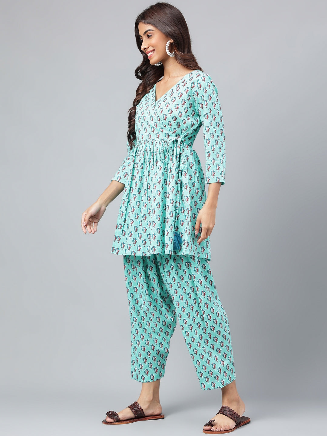 Janasya Women's Aqua Green Cotton Floral Ethinc Motif Printed Flared Casual Short Kurta Set | Grocsy