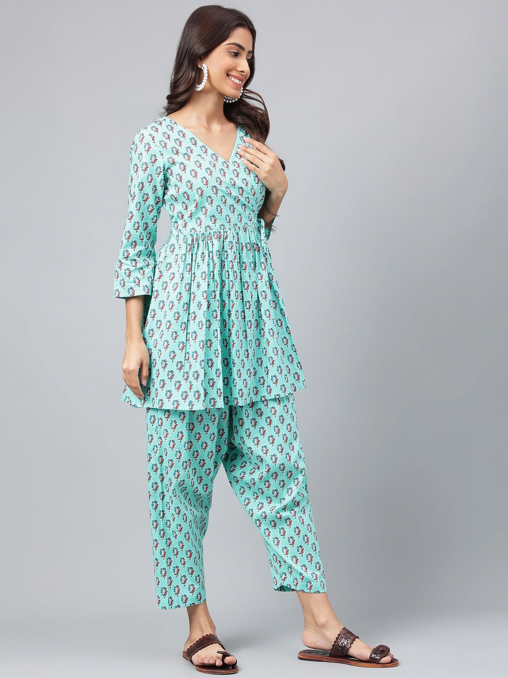 Janasya Women's Aqua Green Cotton Floral Ethinc Motif Printed Flared Casual Short Kurta Set | Grocsy
