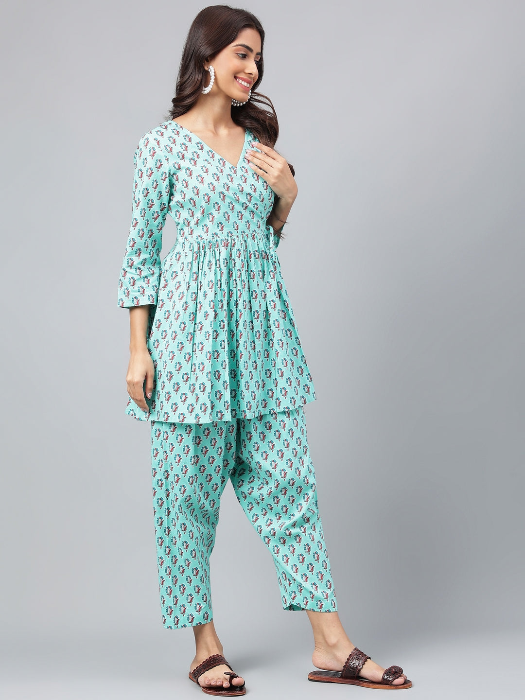 Janasya Women's Aqua Green Cotton Floral Ethinc Motif Printed Flared Casual Short Kurta Set | Grocsy