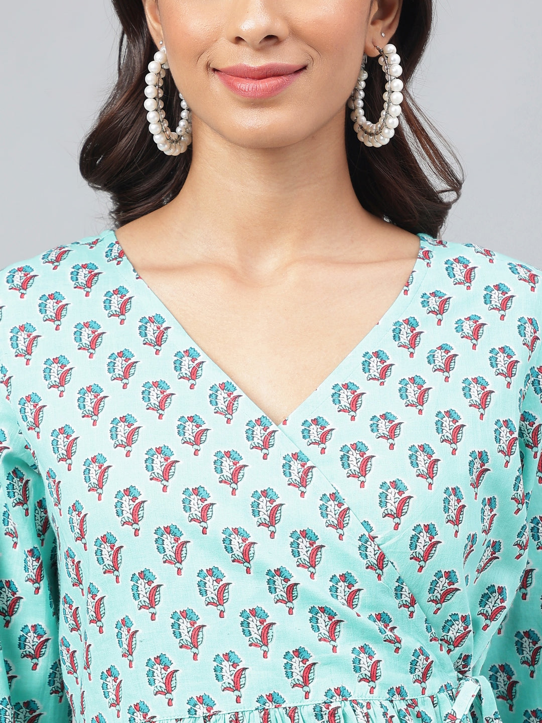 Janasya Women's Aqua Green Cotton Floral Ethinc Motif Printed Flared Casual Short Kurta Set | Grocsy